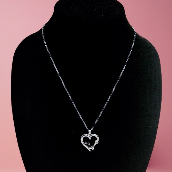 HEART DOG PAW AND BONE SILVER CHARM NECKLACE - Picture 1 of 4